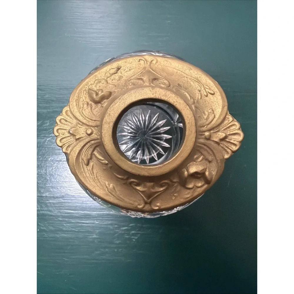 Art Nouveau Crystal Hair Receiver w/ Brass Tone Ornate Lid Edwardian Vintage
